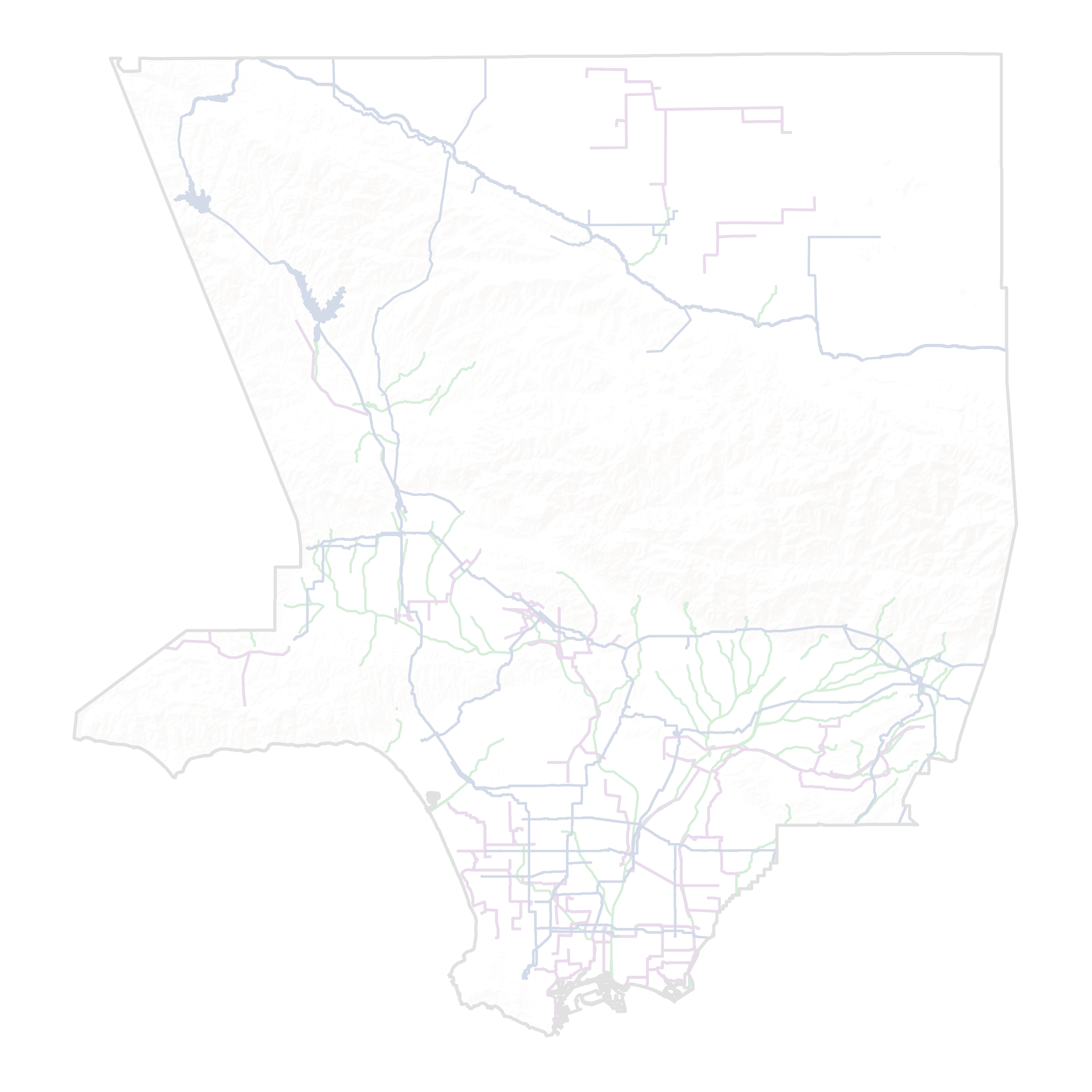A map of LA county that showcases different rivers and recycled water pipeline alignments in LA county